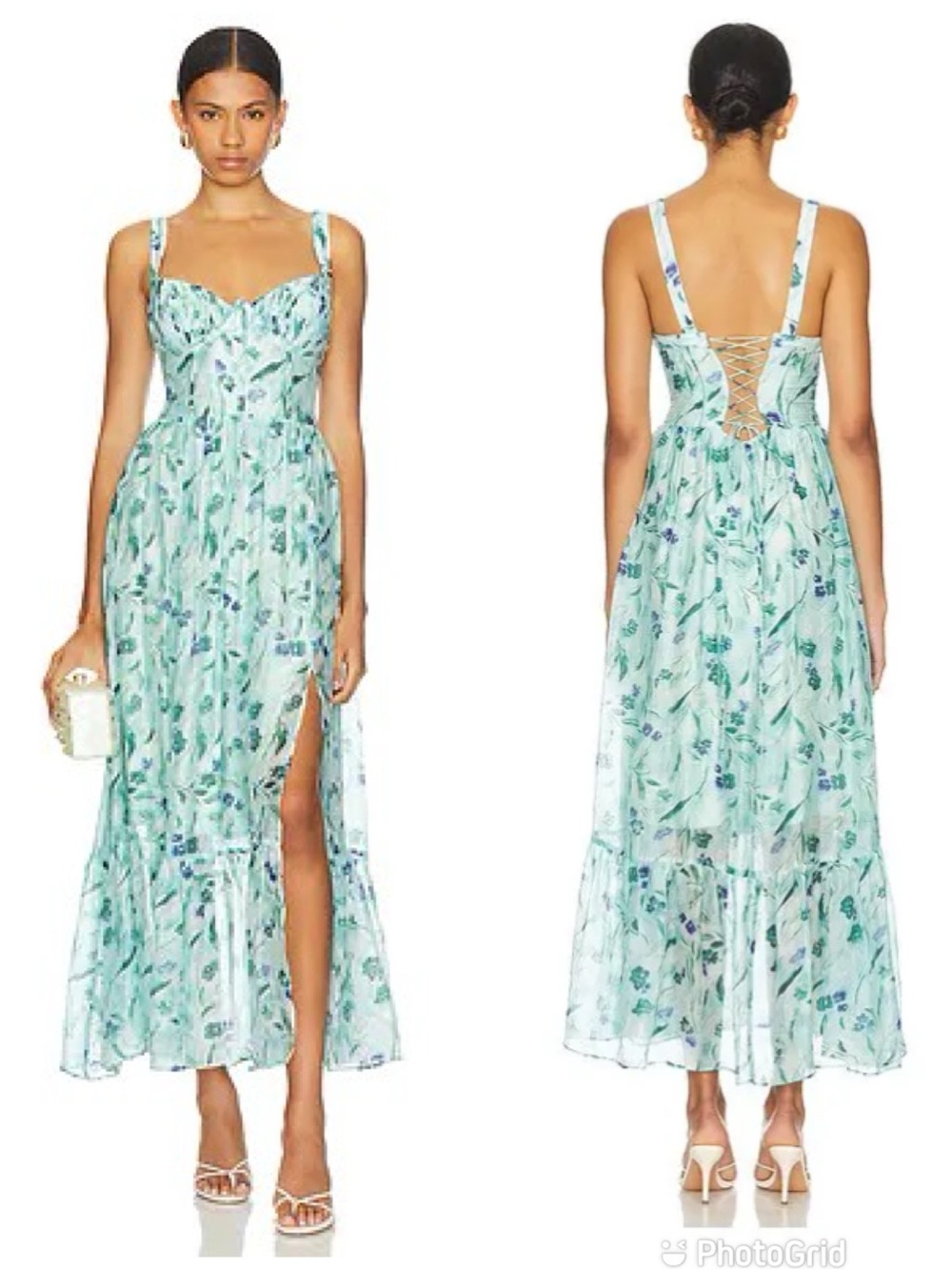 Astr Mint Green Floral Midi Dress with Blue Floral Print